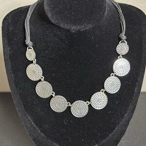 St. Thomas Silver Disk Dangle Black Leather Necklace Minimalist​​​​​​​​​​​​